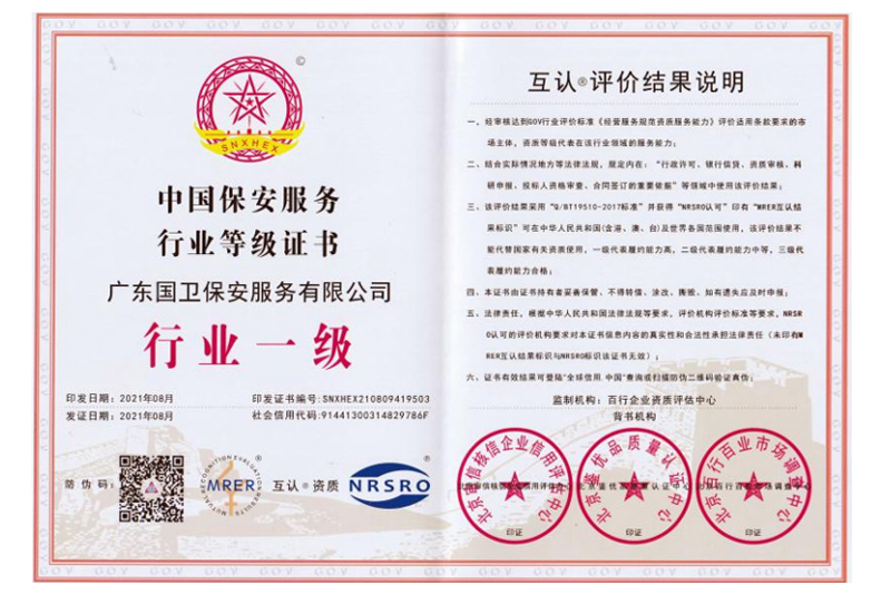 行业一级等级证书